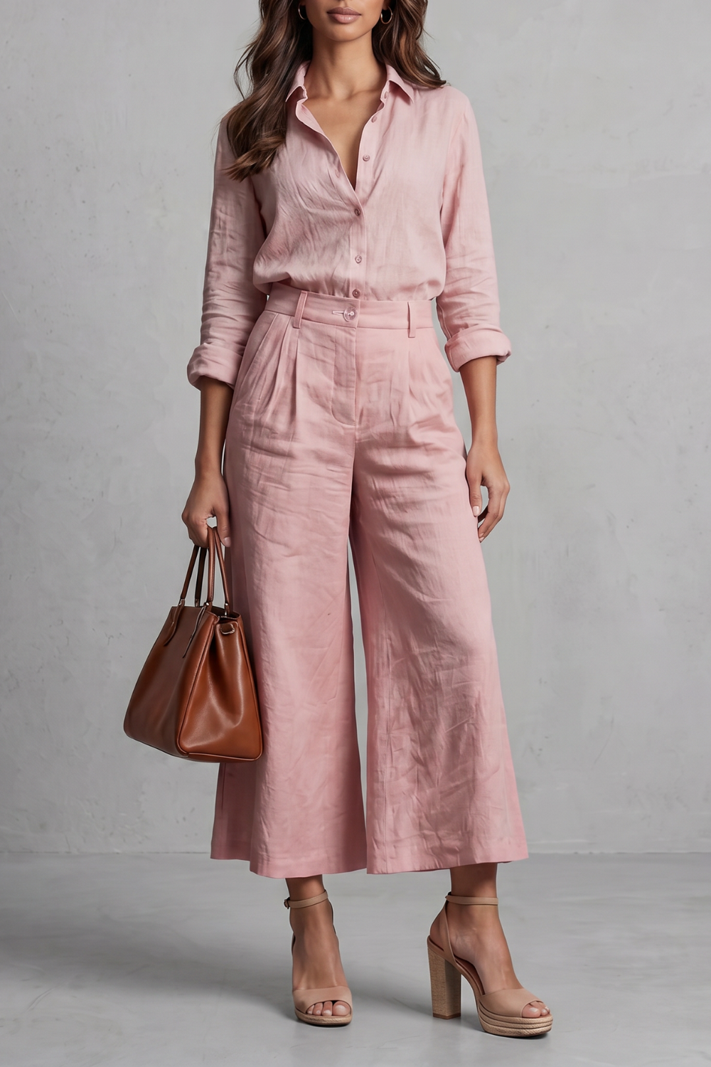 Women's linen-look collared shirt and wide-leg pants set, front view