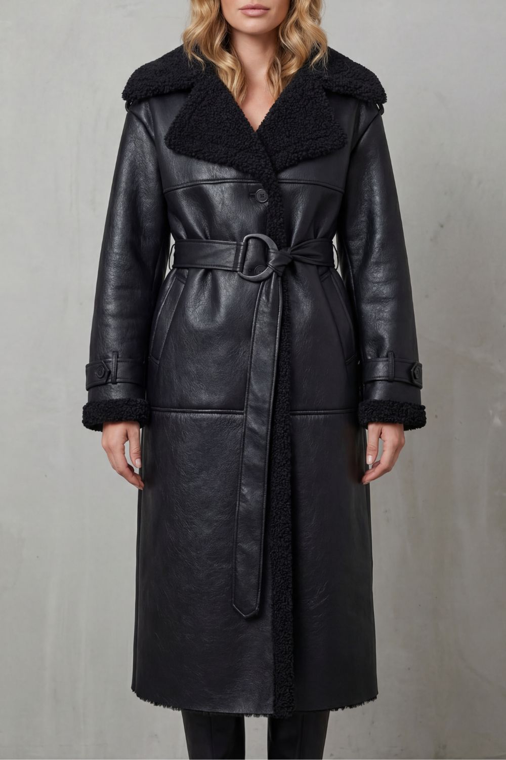 Women's Cozy Oversized Shearling Coat with Belt - Ravienne