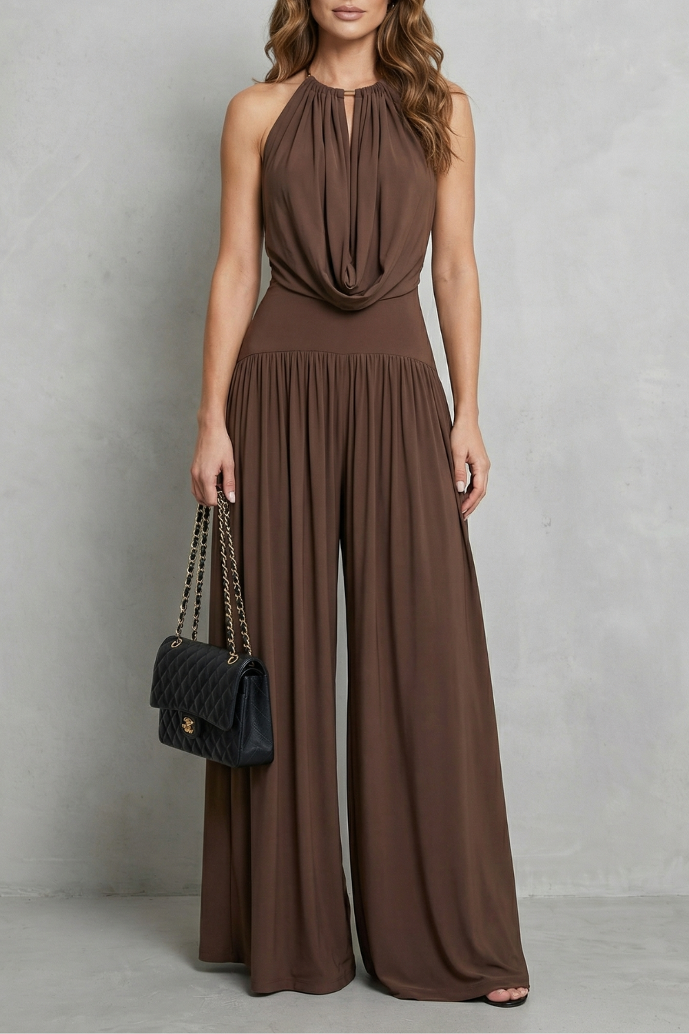 Women's draped halter top and wide-leg pants set, front view