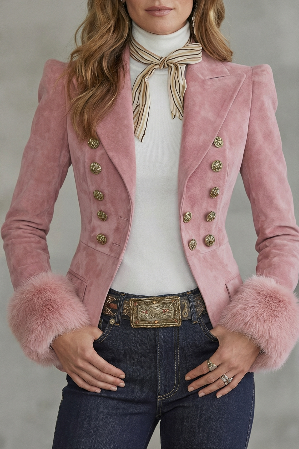 Women's Slim Fit Suede Blazer with Faux Fur Cuffs - Valmonde