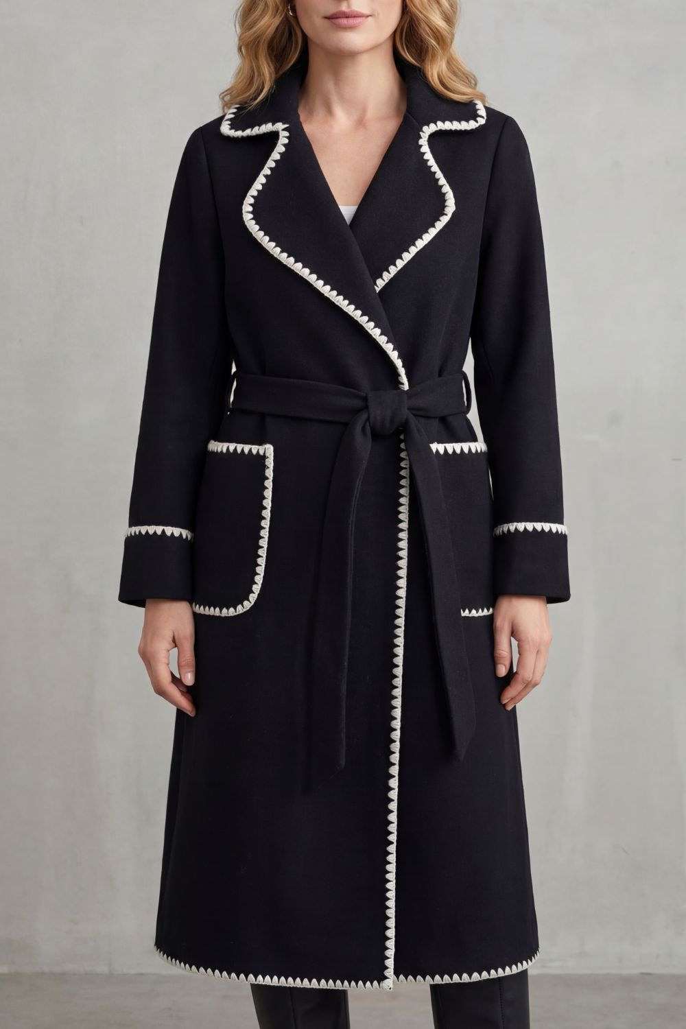 Women's Longline Belted Coat with Contrast Trim - Serafelle