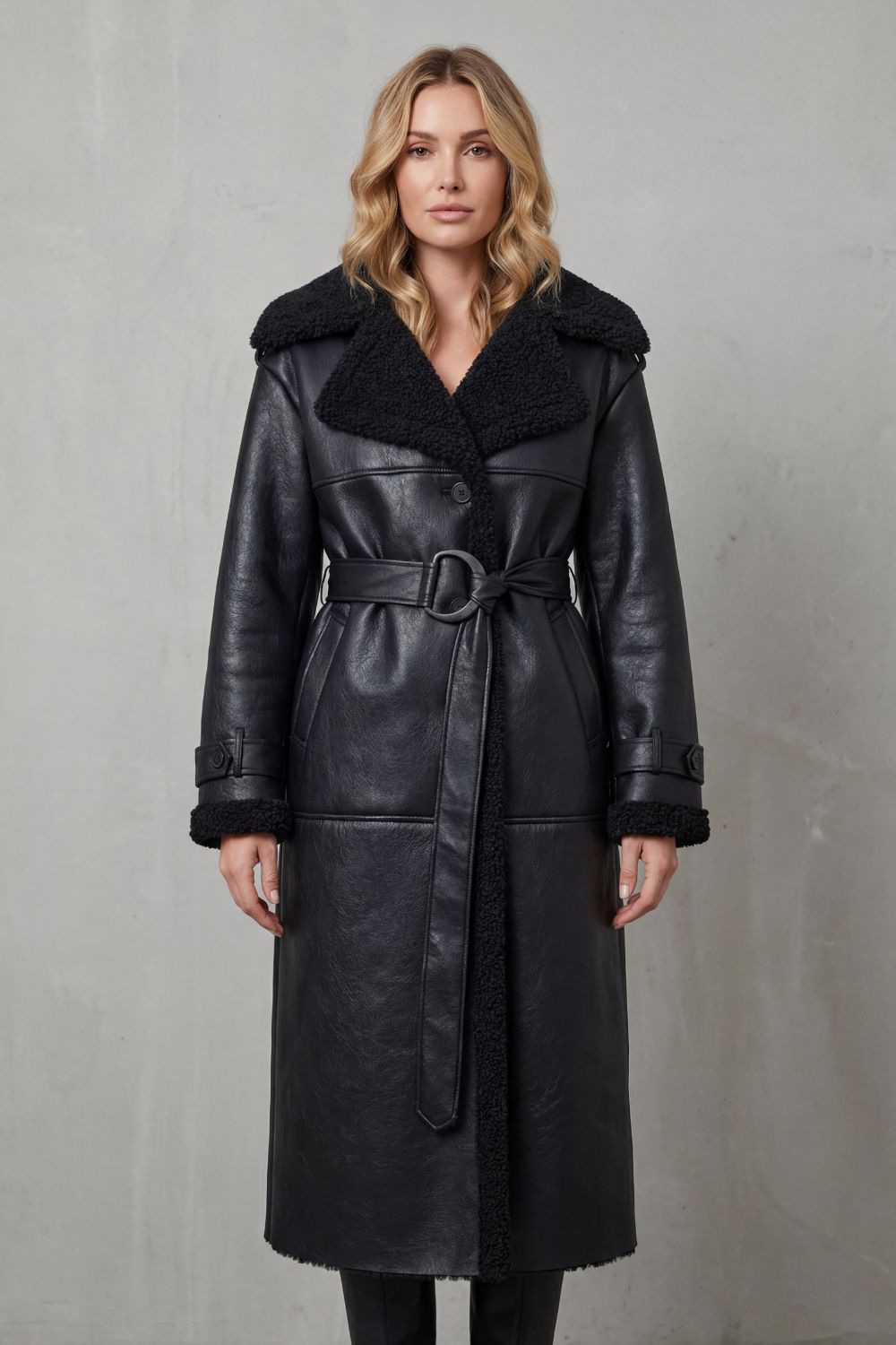 Women's Cozy Oversized Shearling Coat with Belt - Ravienne