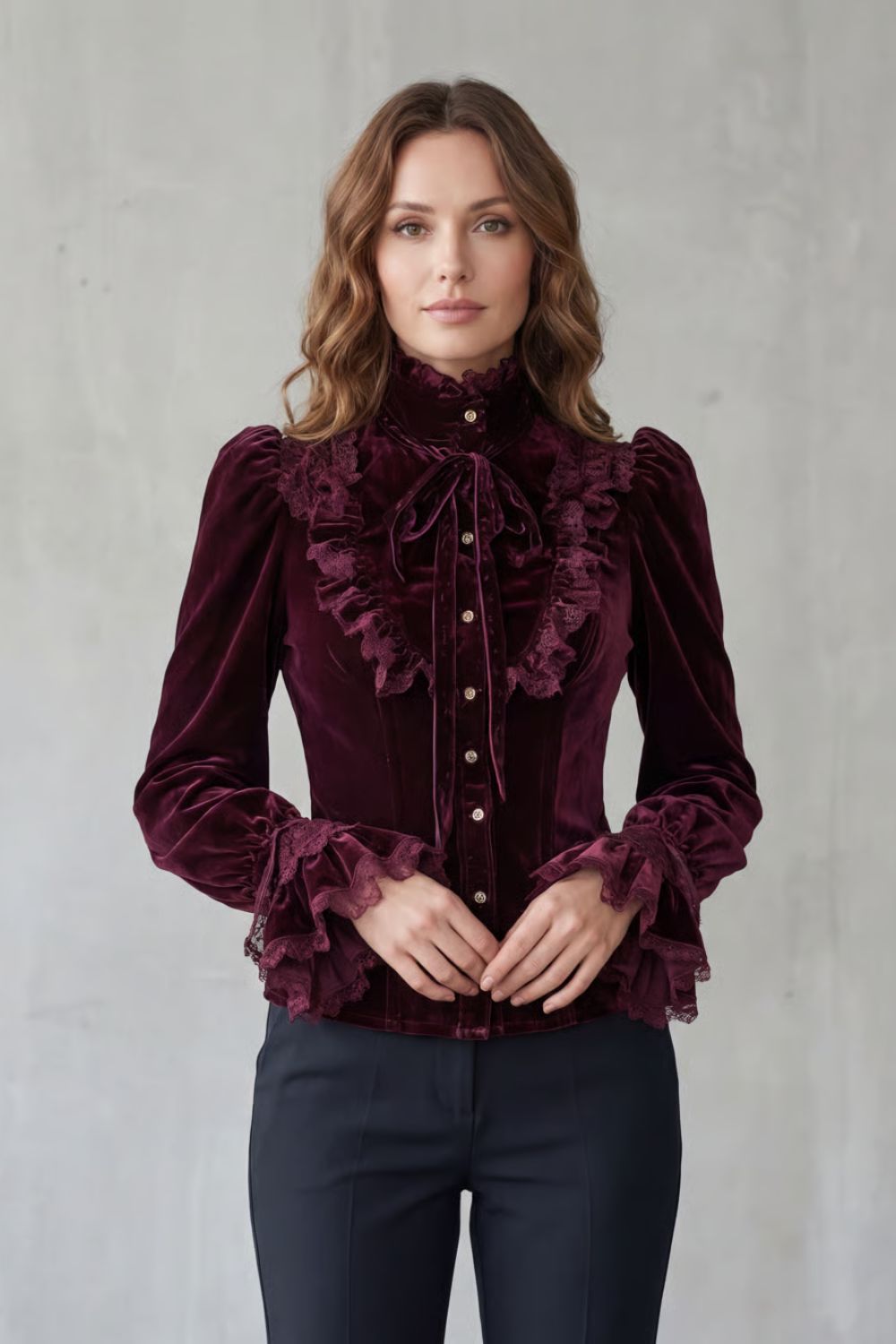 Women's Velvet Blouse with Ruffled Lace High Neck - Stellienne