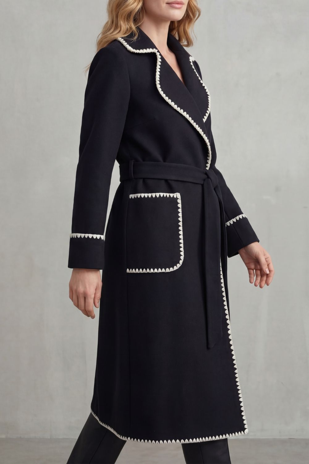 Women's Longline Belted Coat with Contrast Trim - Serafelle