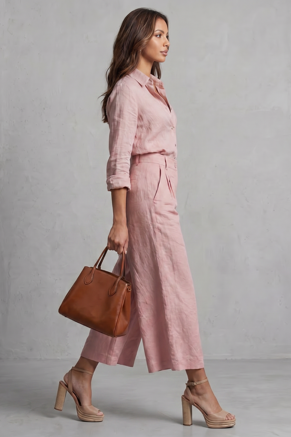 Back view of the linen-look shirt and wide-leg pants set