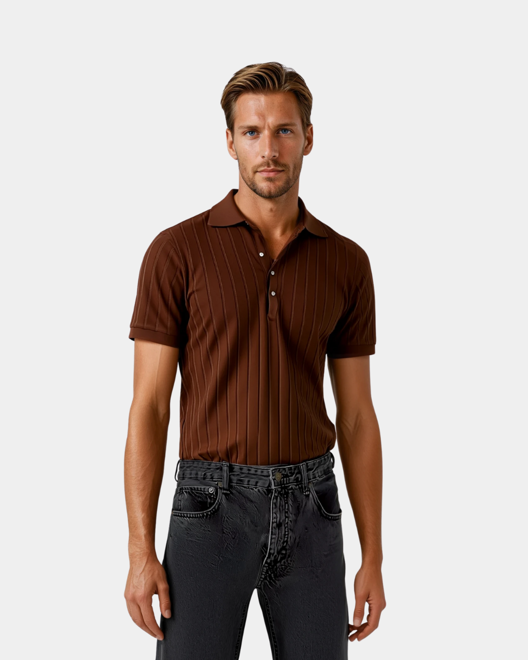 Vertical Striped Polo Shirt - Brown