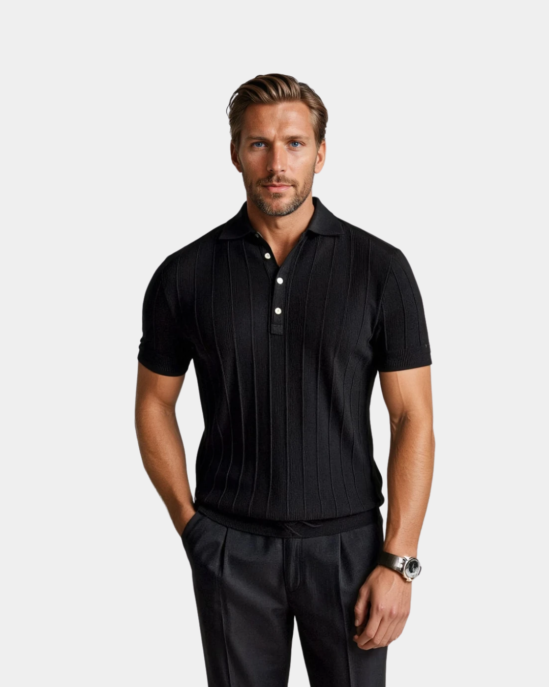 Vertical Striped Polo Shirt - Black
