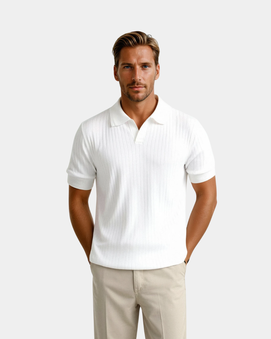 Silk Blend Stripe Pattern Polo T-Shirt- White