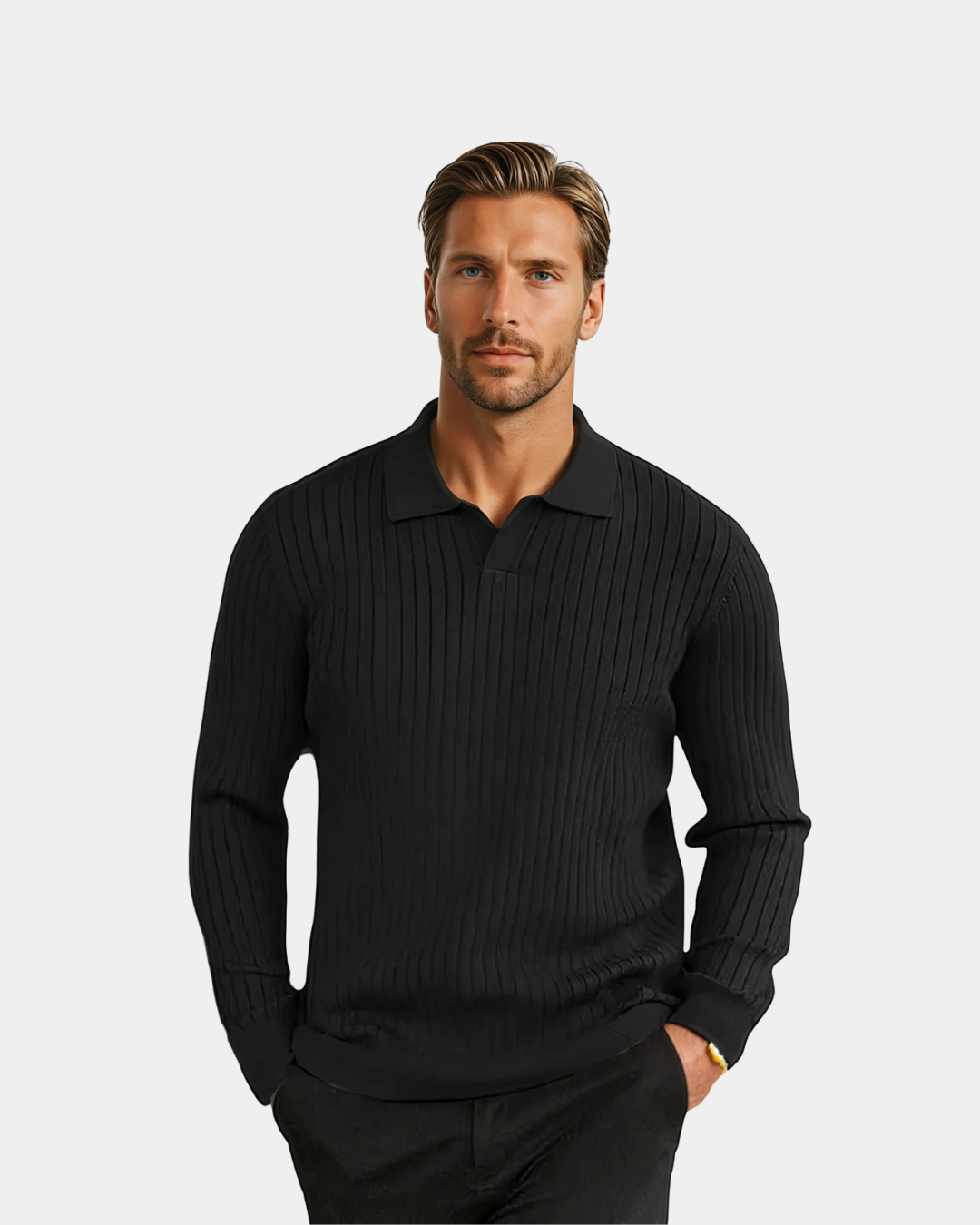 Old Money Ribbed Long Sleeve Polo Shirt - Black