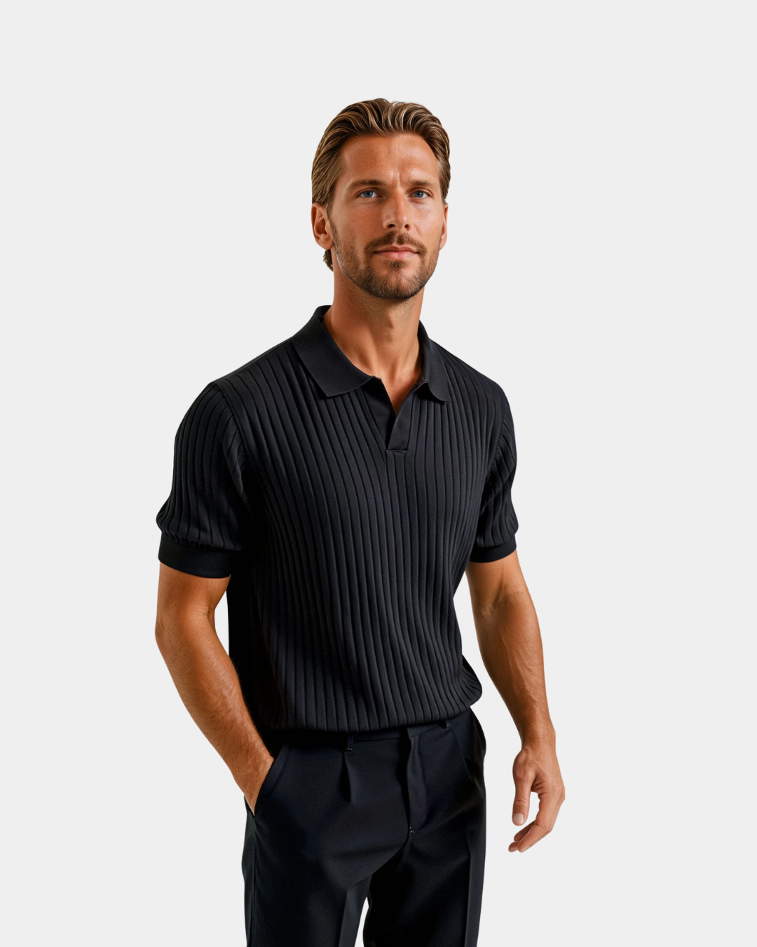 Silk Blend Stripe Pattern Polo T-Shirt - Black