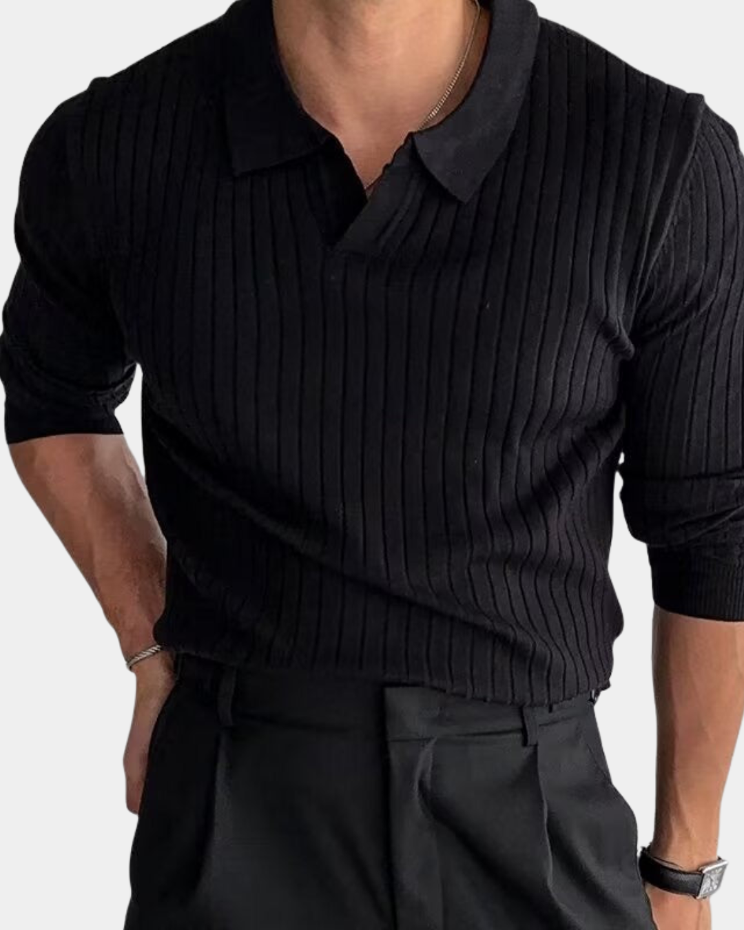 Old Money Ribbed Long Sleeve Polo Shirt - Black