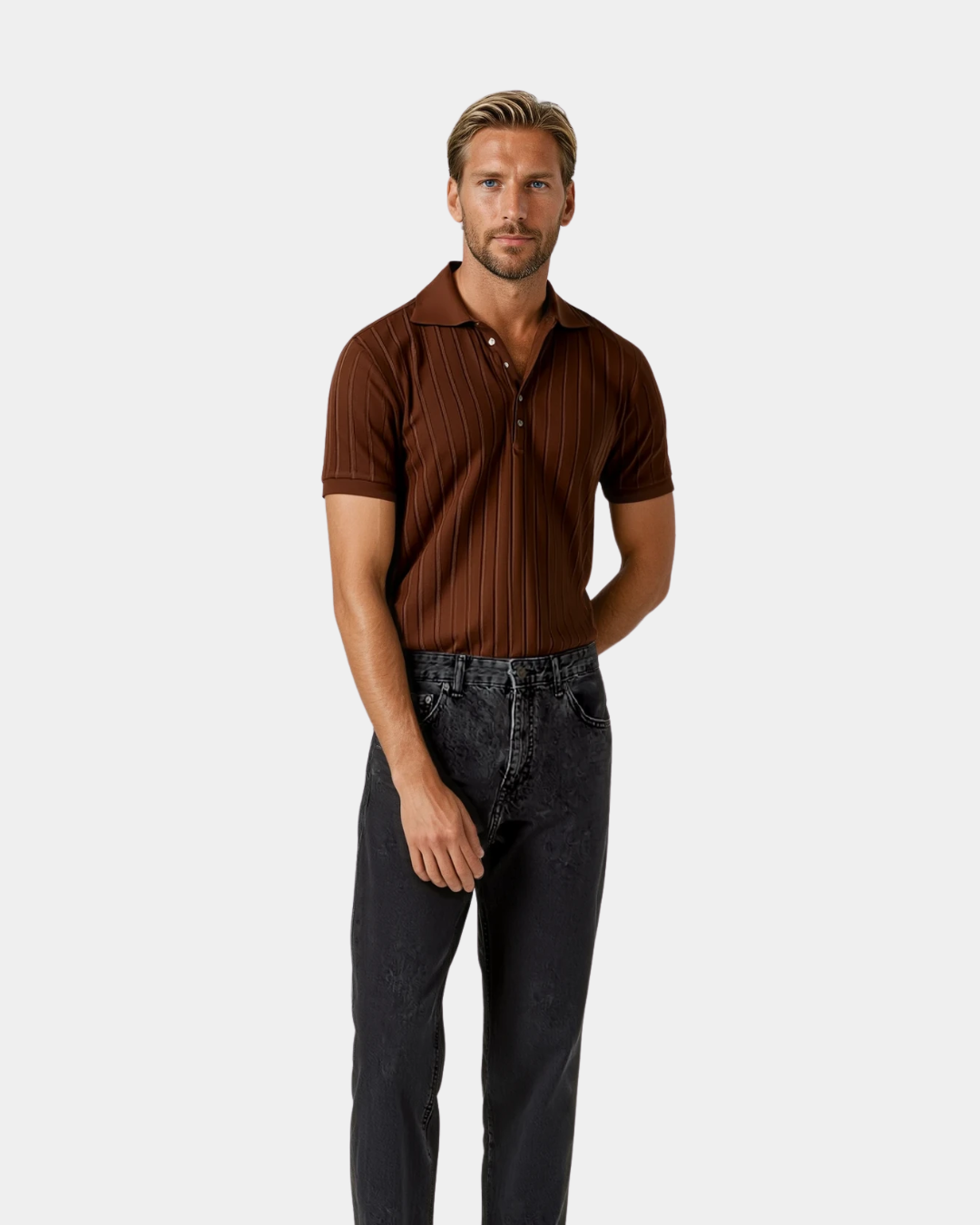 Vertical Striped Polo Shirt - Brown
