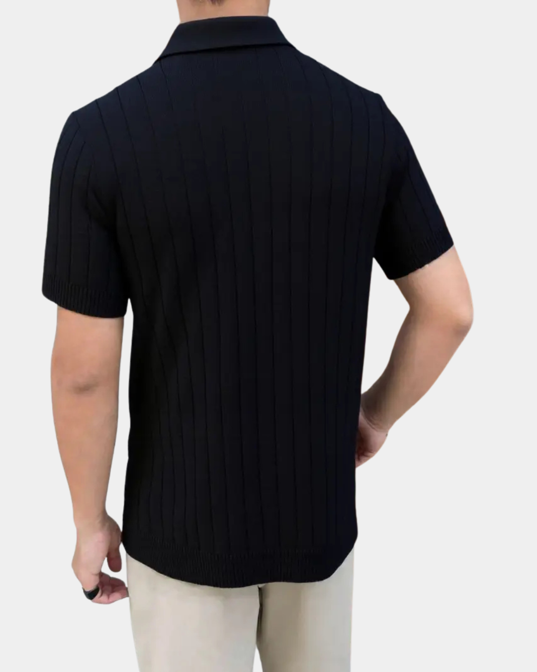 Silk Blend Stripe Pattern Polo T-Shirt - Black
