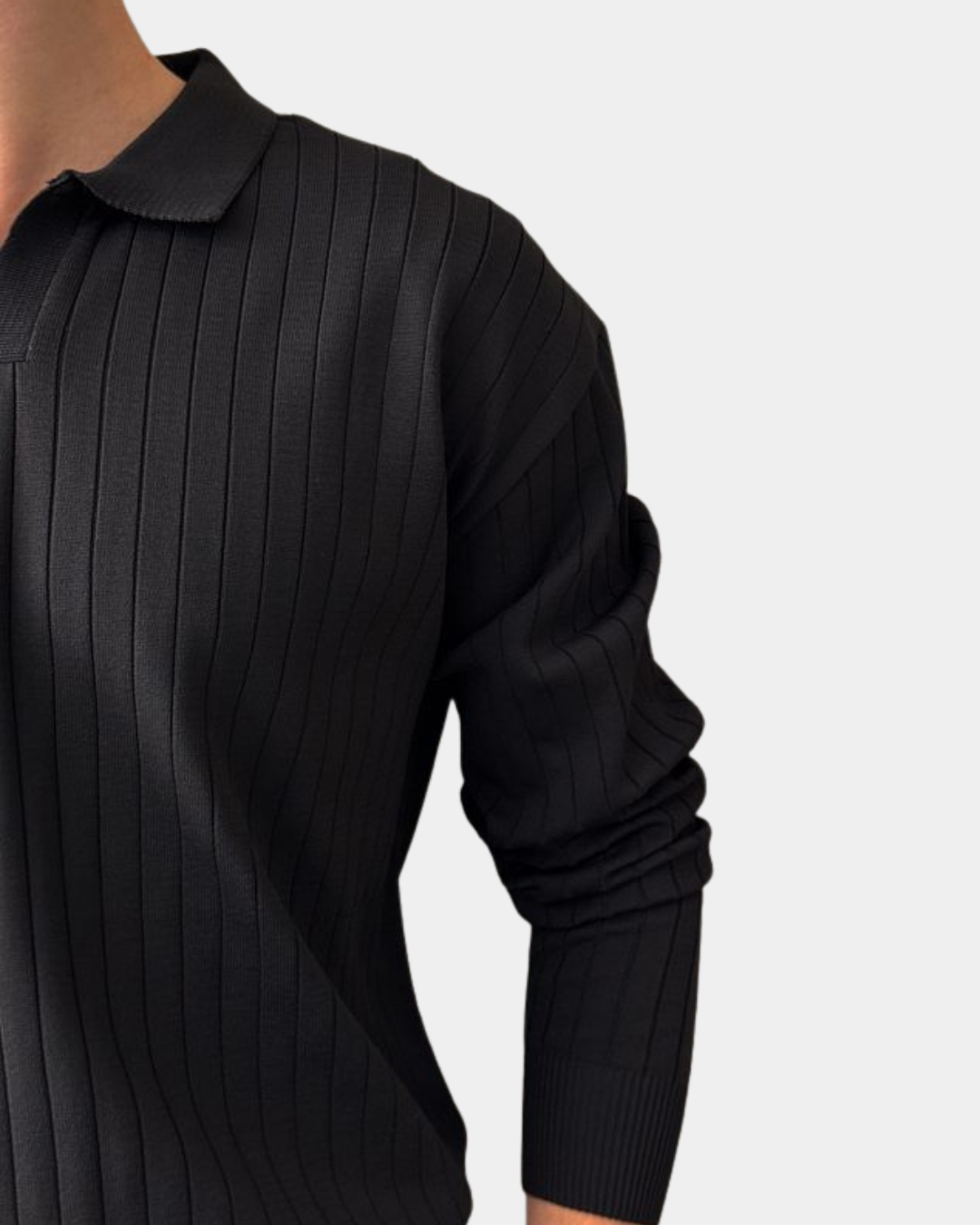 Old Money Ribbed Long Sleeve Polo Shirt - Black