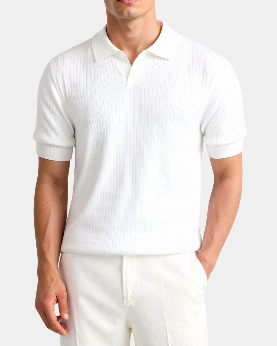 Silk Blend Stripe Pattern Polo T-Shirt- White