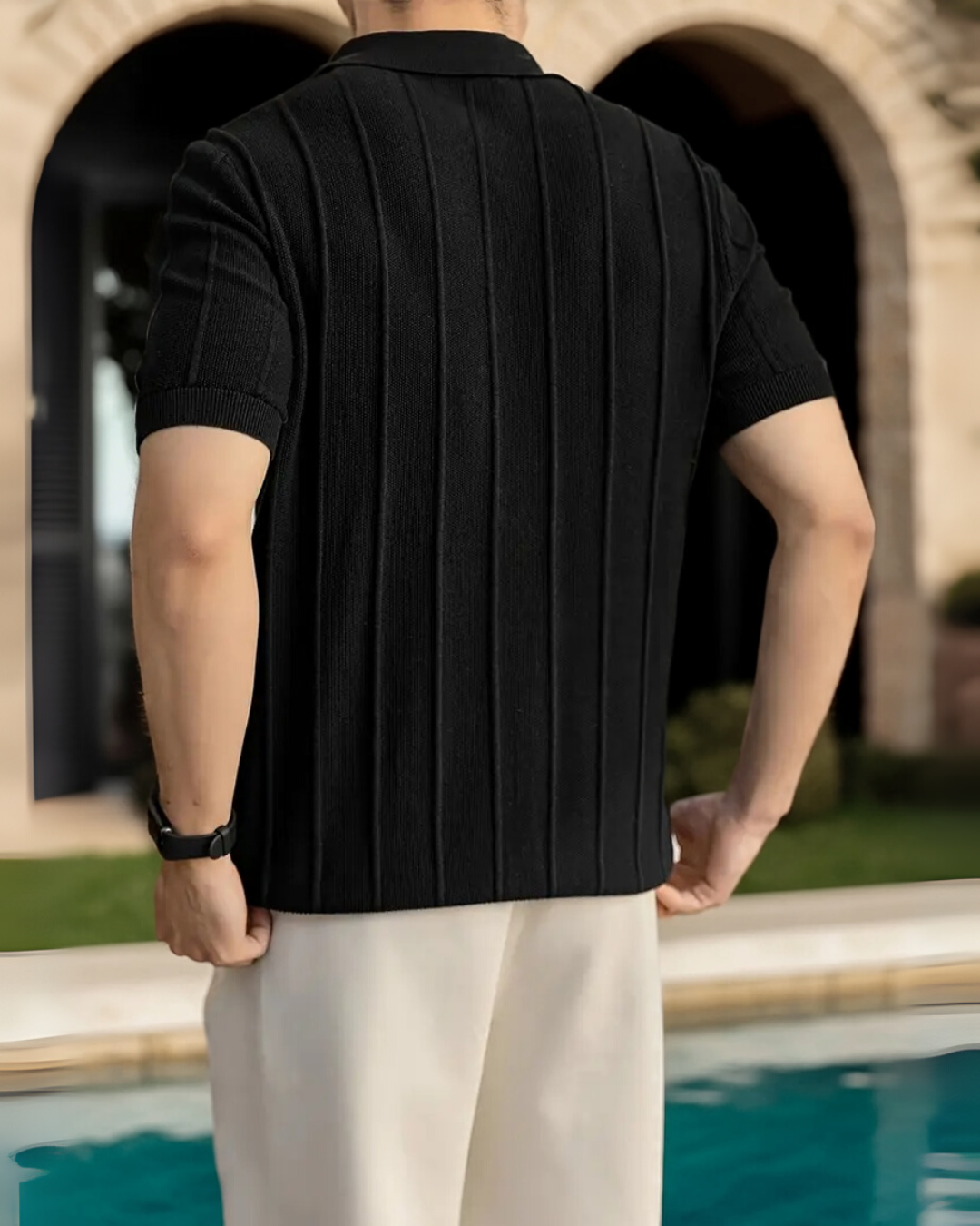 Vertical Striped Polo Shirt - Black