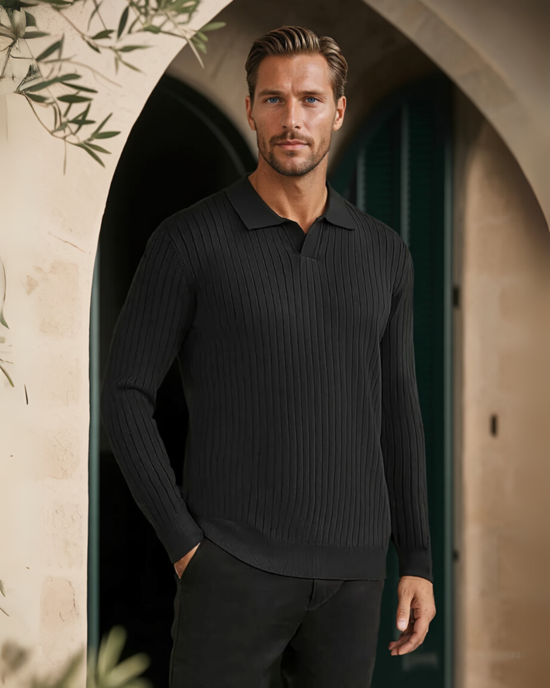 Old Money Ribbed Long Sleeve Polo Shirt - Black