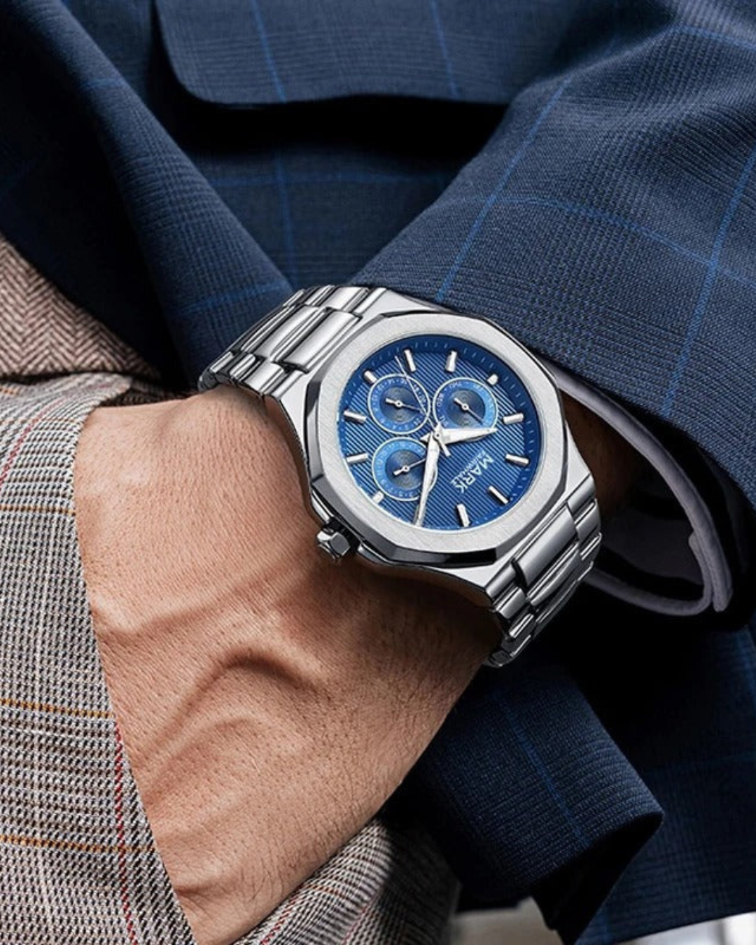 Silver Steel Luxe Chrono Watch - Blue