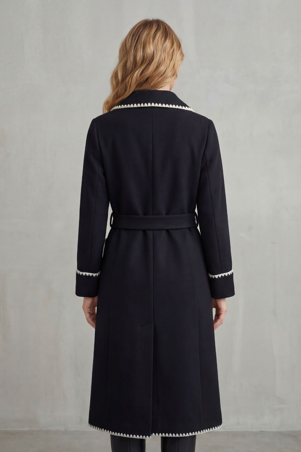 Women's Longline Belted Coat with Contrast Trim - Serafelle