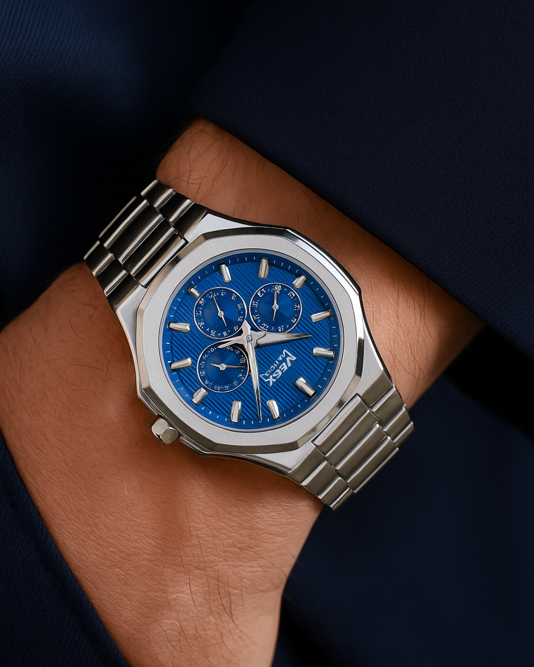 Silver Steel Luxe Chrono Watch - Blue