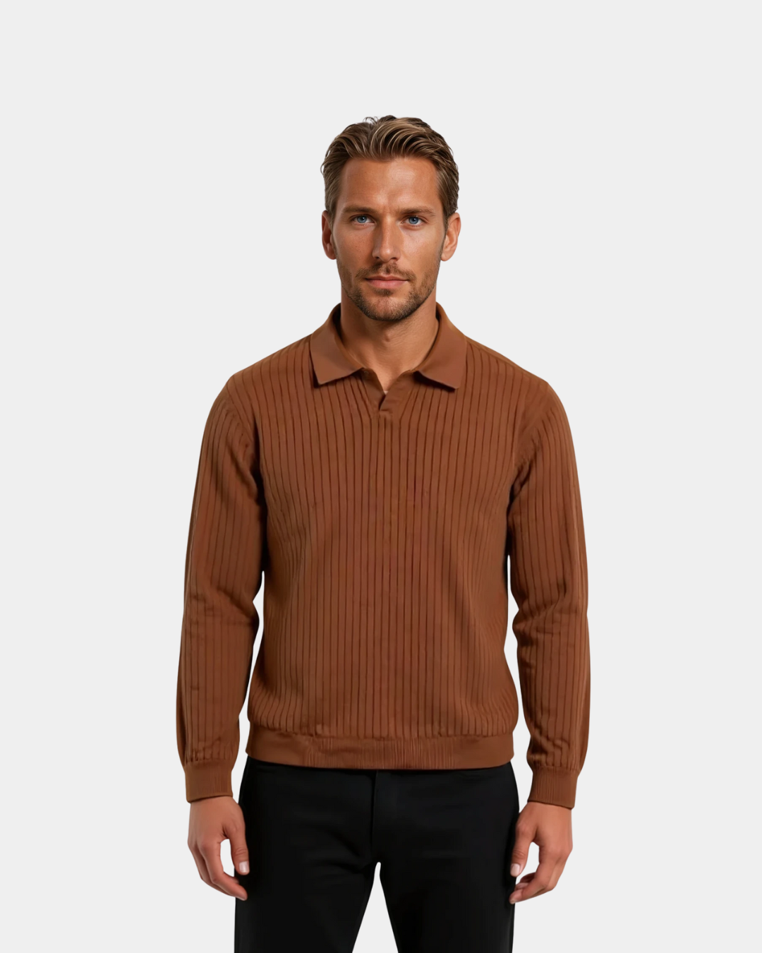 Old Money Ribbed Long Sleeve Polo Shirt - Brown