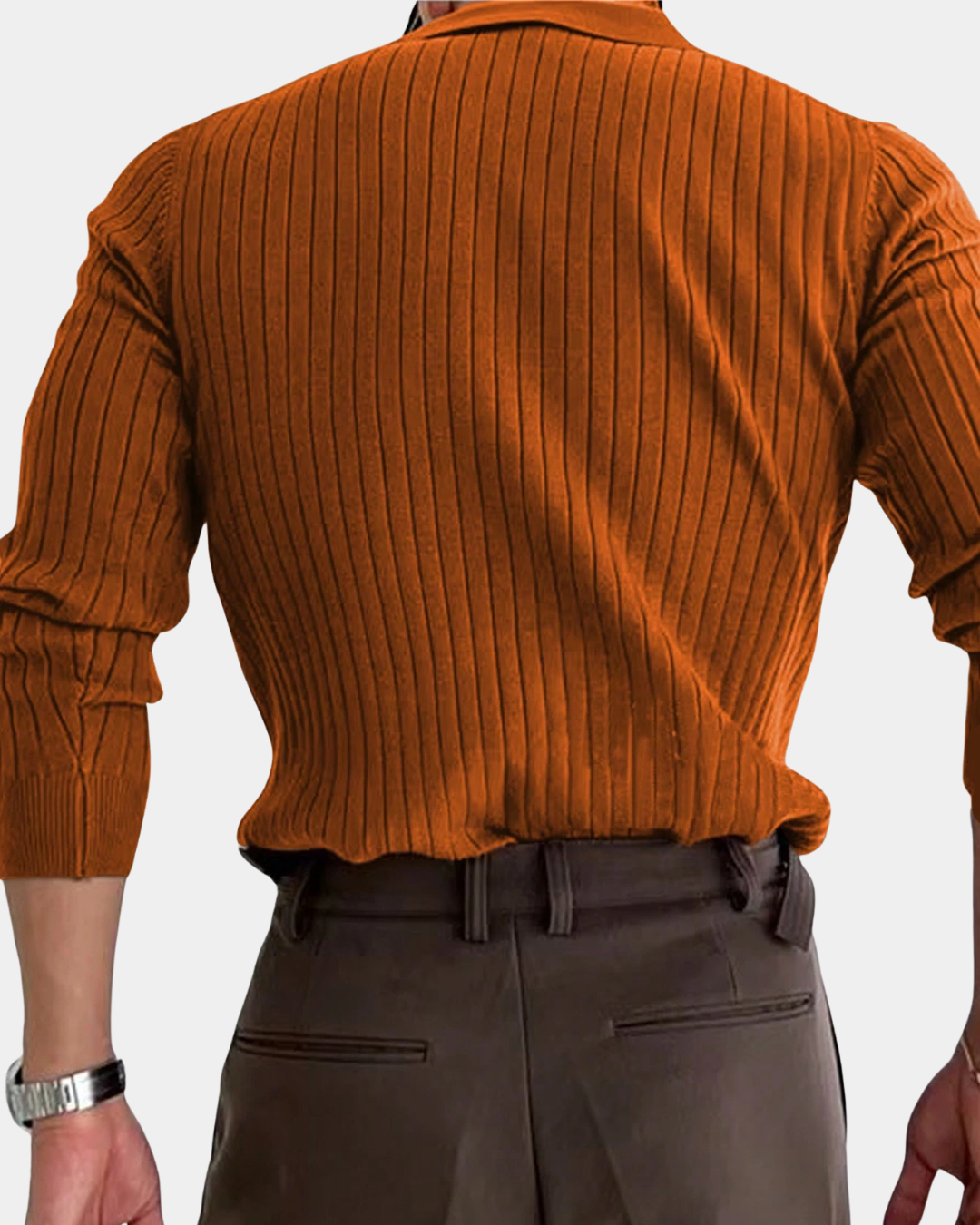 Old Money Ribbed Long Sleeve Polo Shirt - Brown