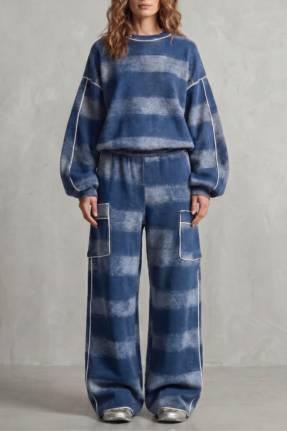 Red colorway, full-length view of the plaid sweatshirt and pants set