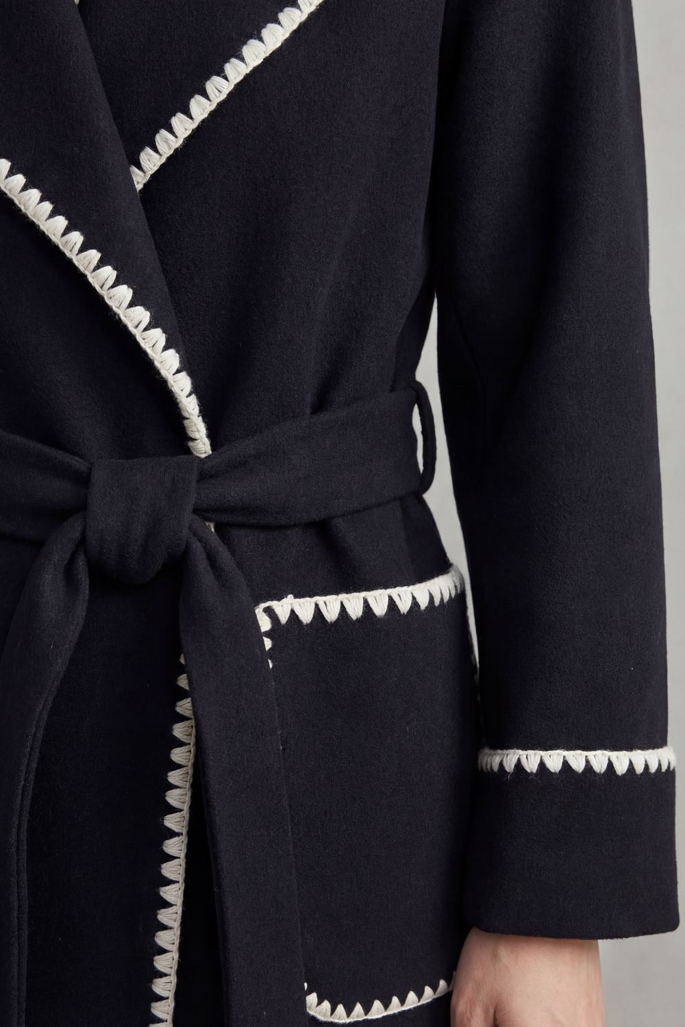 Women's Longline Belted Coat with Contrast Trim - Serafelle