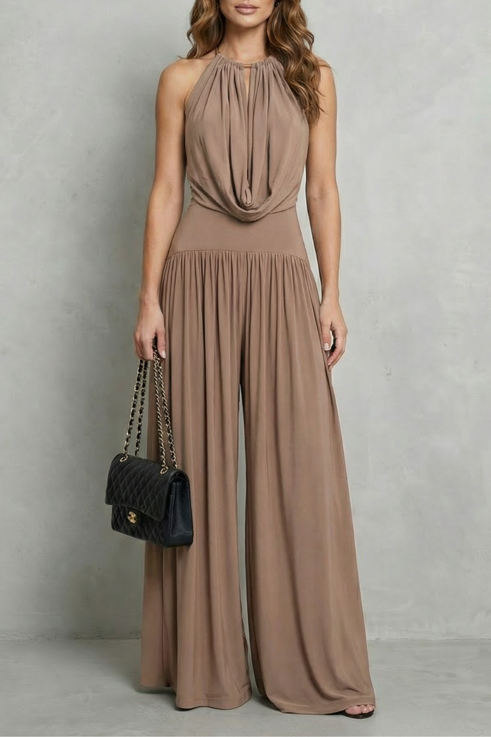 Beige colorway of the halter top and wide-leg pants set, full-length view