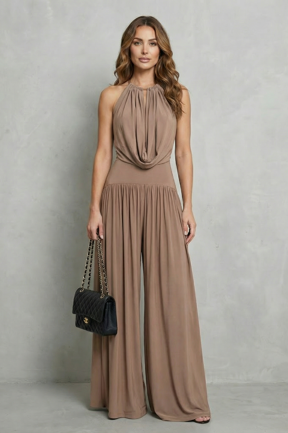 Brown draped halter set styled with heels for an evening look
