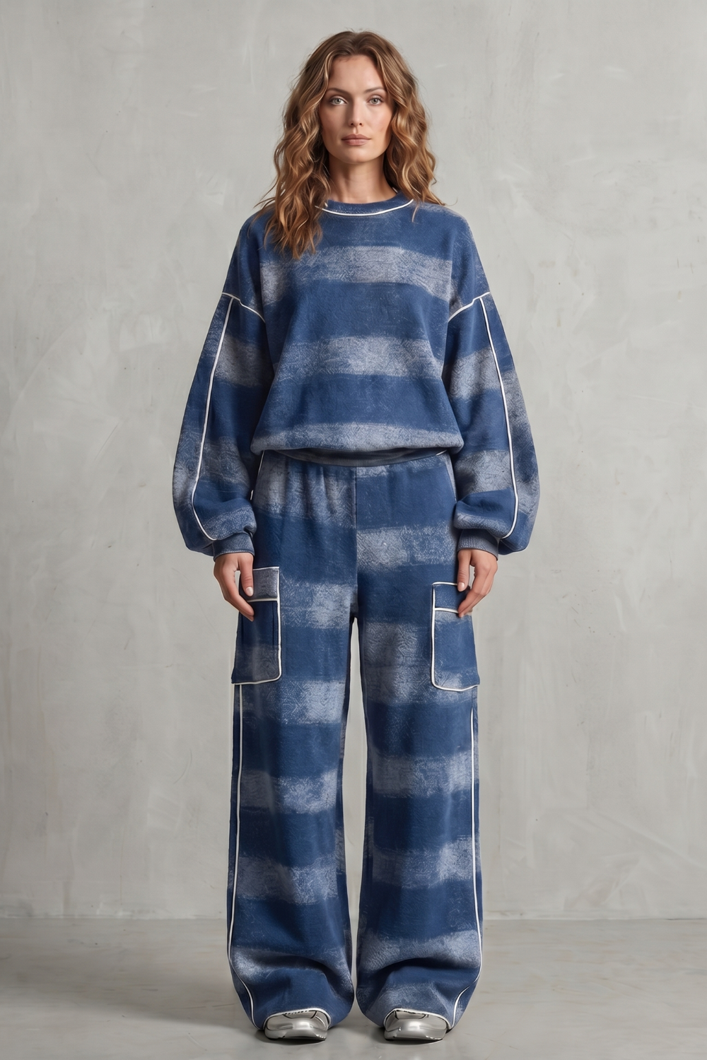 Blue colorway of the oversized plaid sweatshirt and wide-leg pants