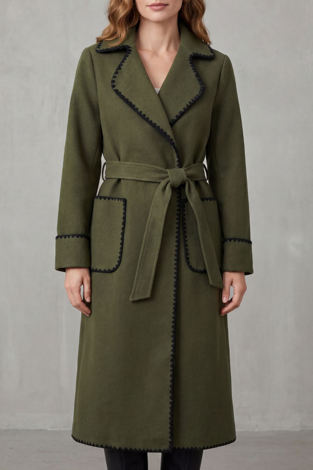 Women's Longline Belted Coat with Contrast Trim - Serafelle