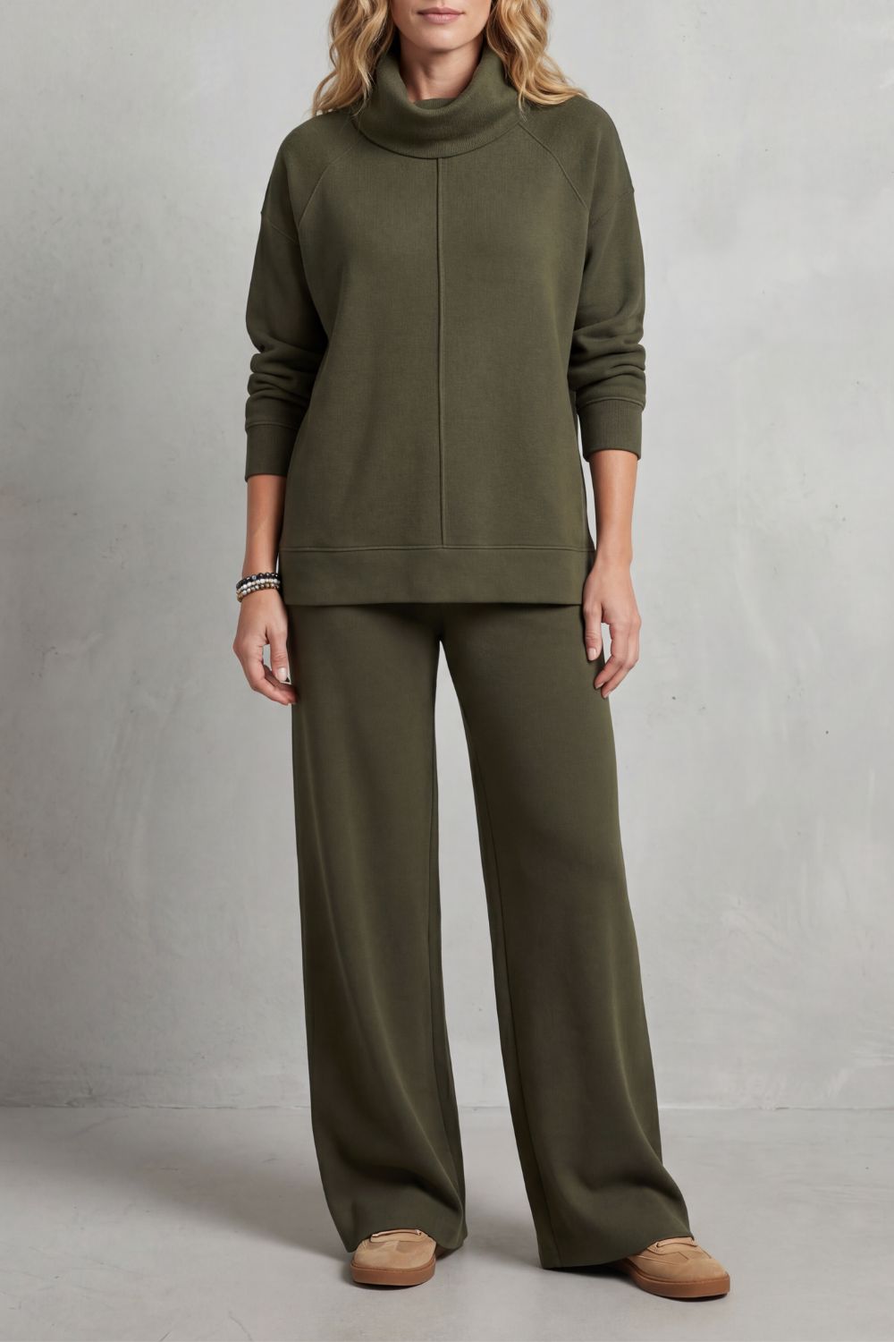 Gray colorway of the turtleneck lounge set, full-length view