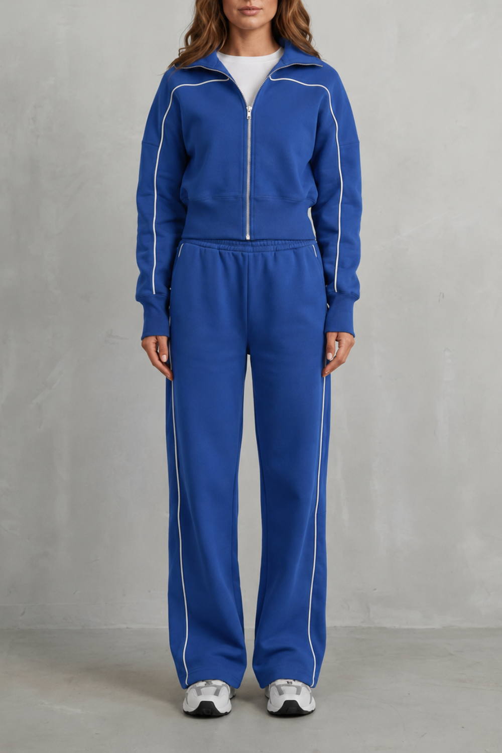Brown colorway of the piped zip-up jacket lounge set, full-length view