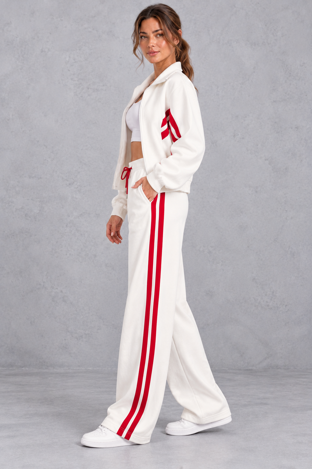 Close-up of the stand-up collar and front zip on the track jacket