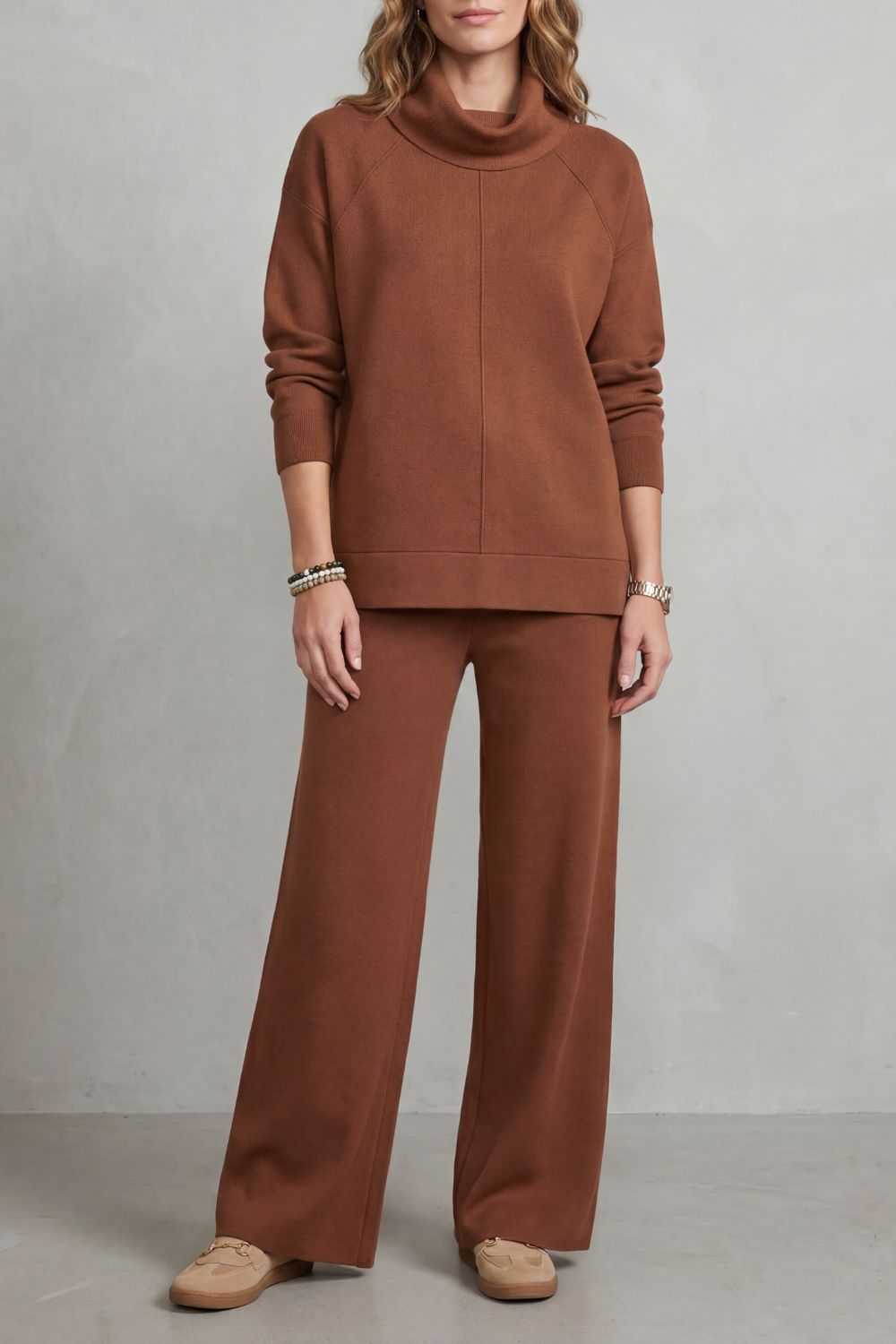 Green colorway of the draped turtleneck top and wide-leg pants lounge set