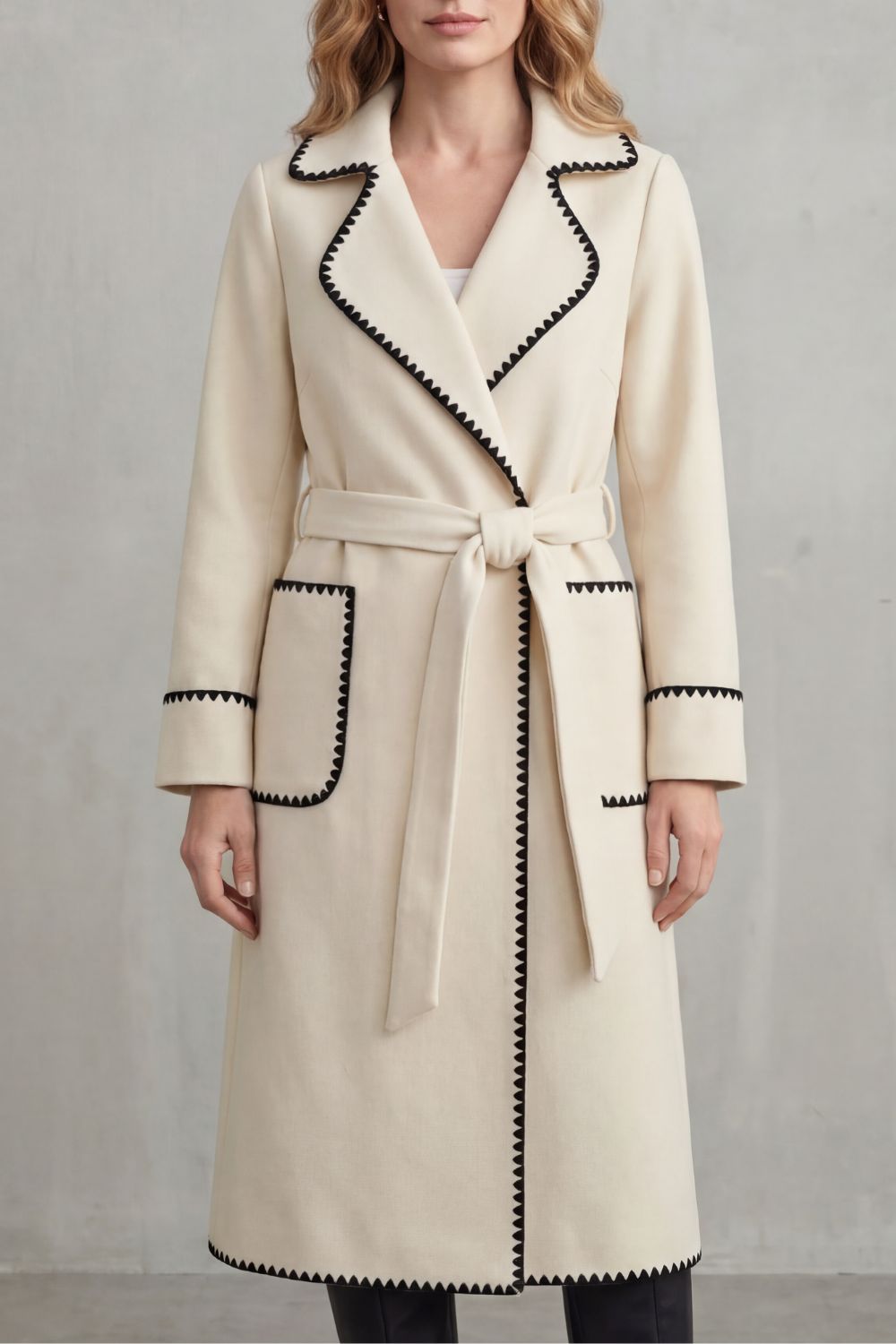 Women's Longline Belted Coat with Contrast Trim - Serafelle