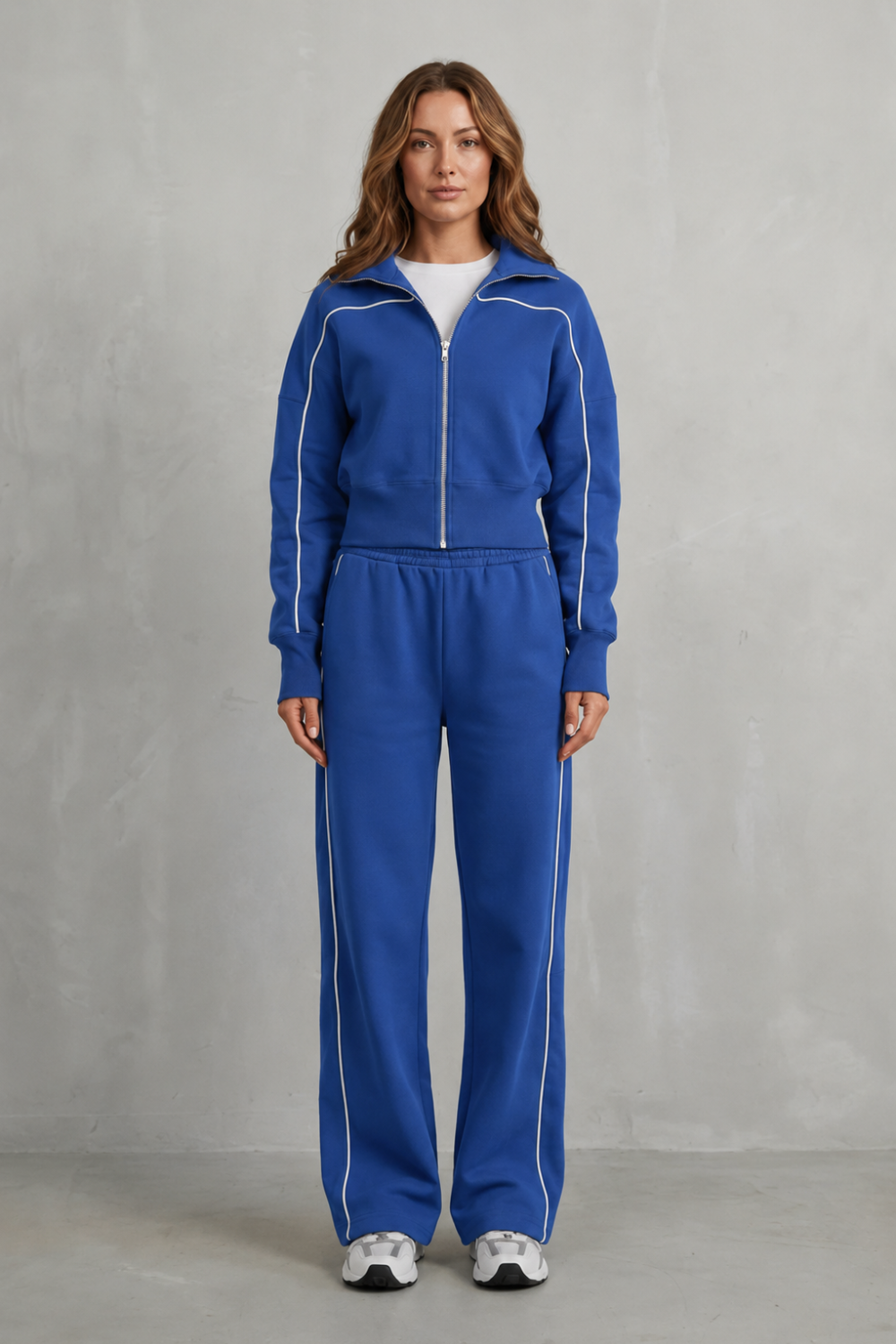 Gray colorway of the zip-up jacket and wide-leg pants lounge set