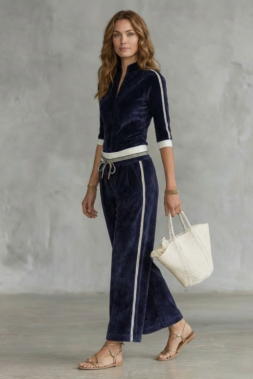 Back view of the velour zip-up top and wide-leg track pants