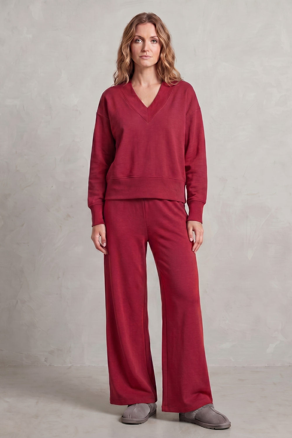 Green colorway of the wide-leg lounge set, full-length view