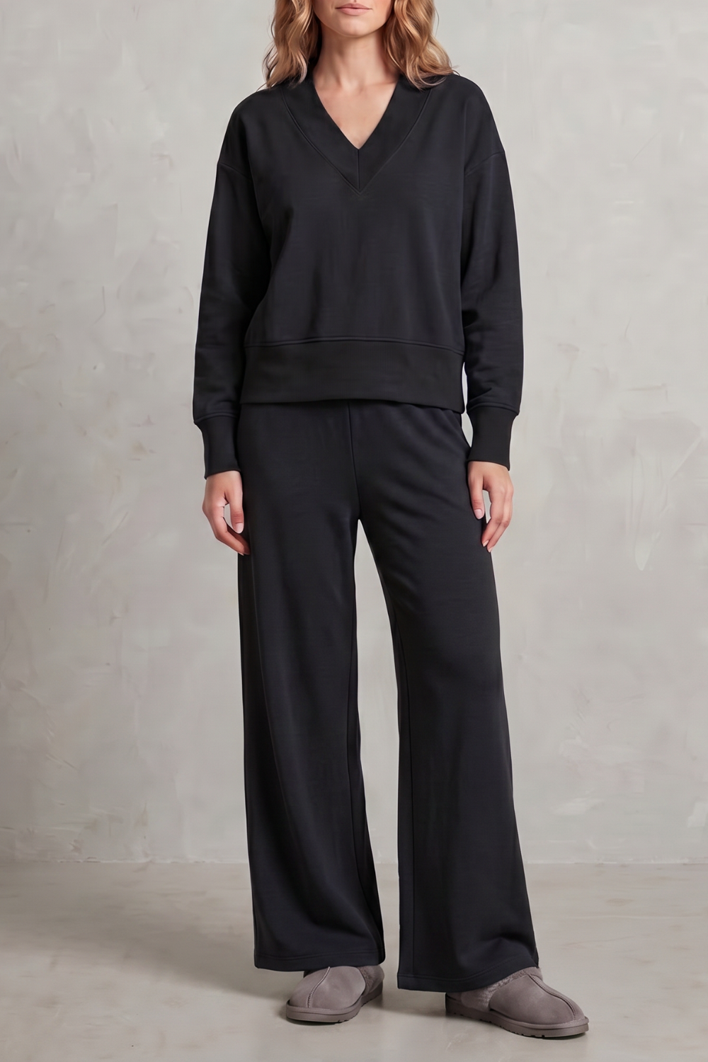 Blue colorway of the wide-leg lounge set, full-length view