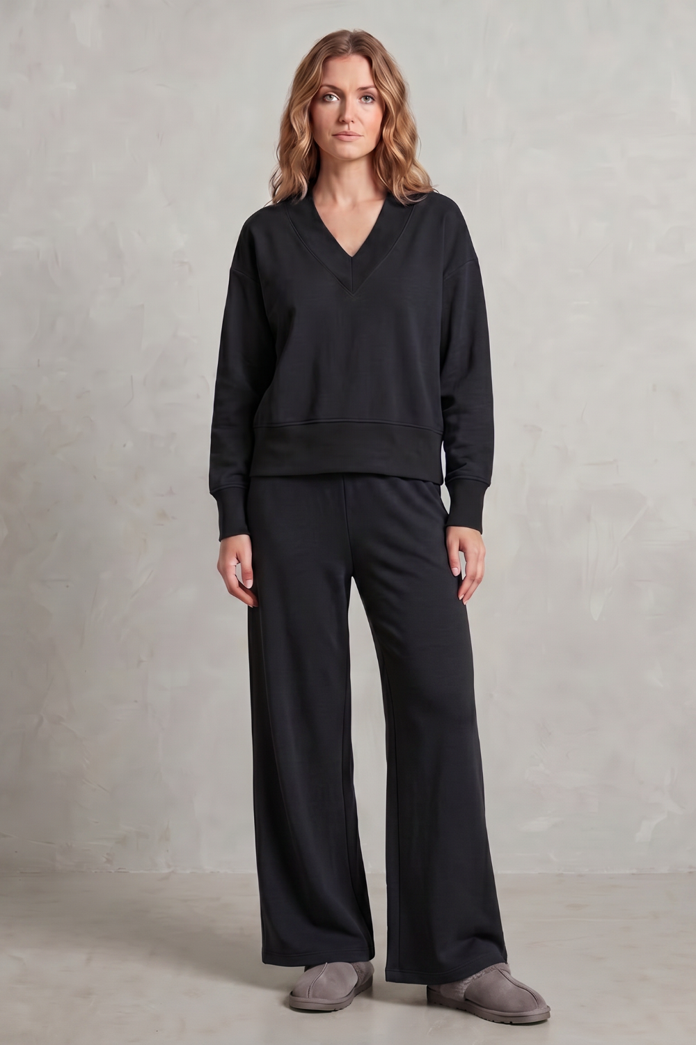 Black colorway of the wide-leg lounge set, full-length view