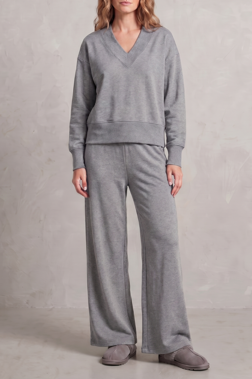 Women's V-neck long-sleeve top and wide-leg pants lounge set, front view