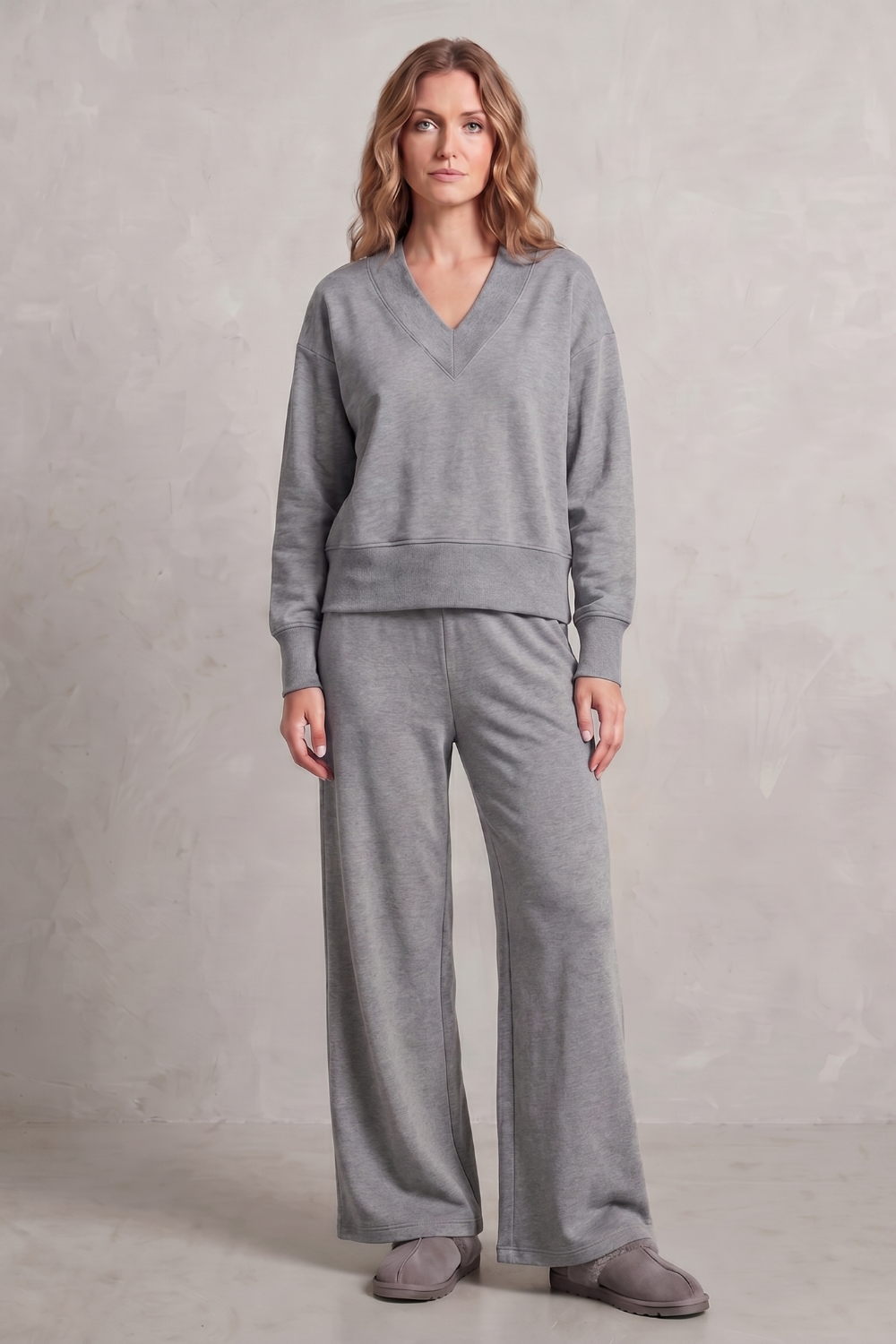 Side view of the relaxed lounge top and soft brushed wide-leg pants