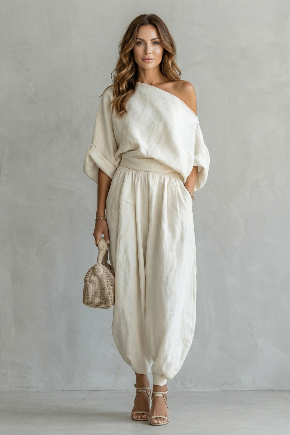 Side view of the loose off-shoulder top and softly tapered pants