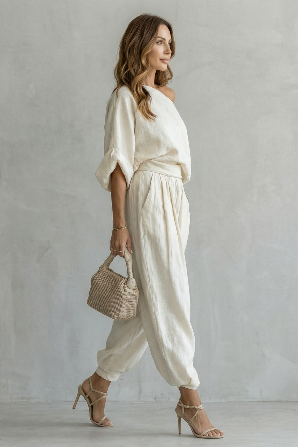 Detail close-up of the off-shoulder neckline and flowing fabric