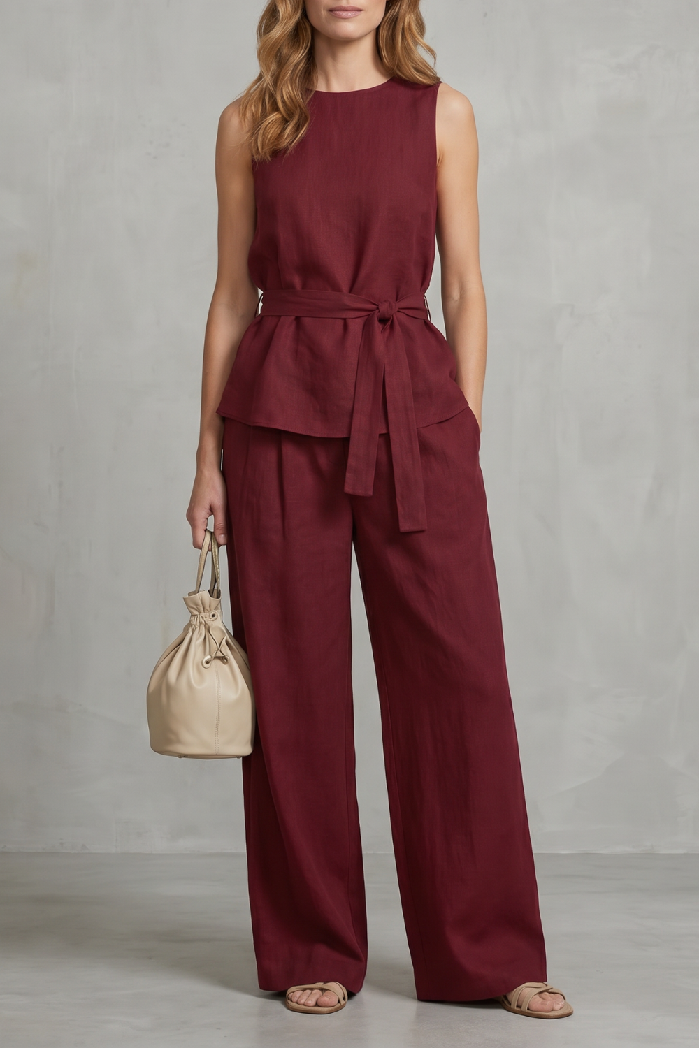 Women's sleeveless tie-waist top and wide-leg pants set, front view