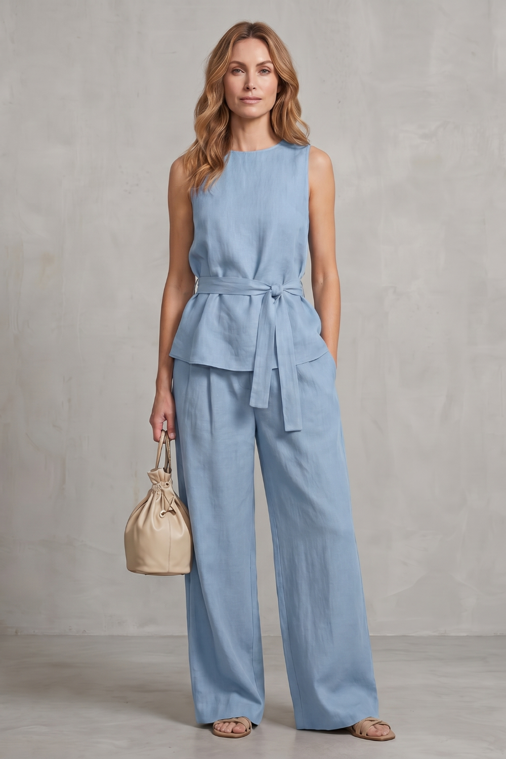 Full-length view of the two-piece sleeveless top and wide-leg pants set