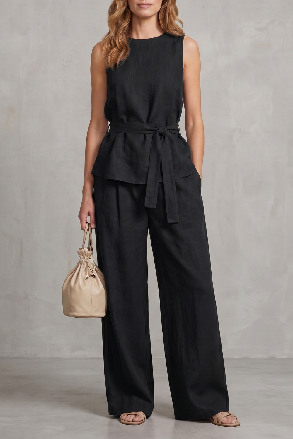Chocolate colorway of the sleeveless tie-waist pants set, full-length view