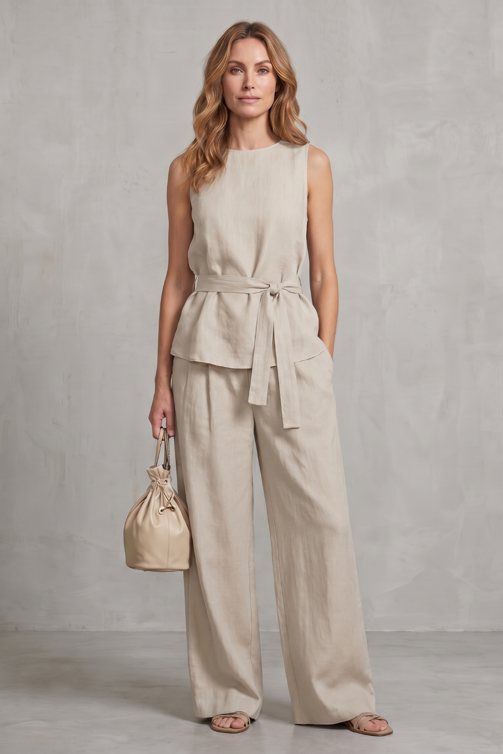 Apricot colorway of the sleeveless tie-waist pants set, full-length view
